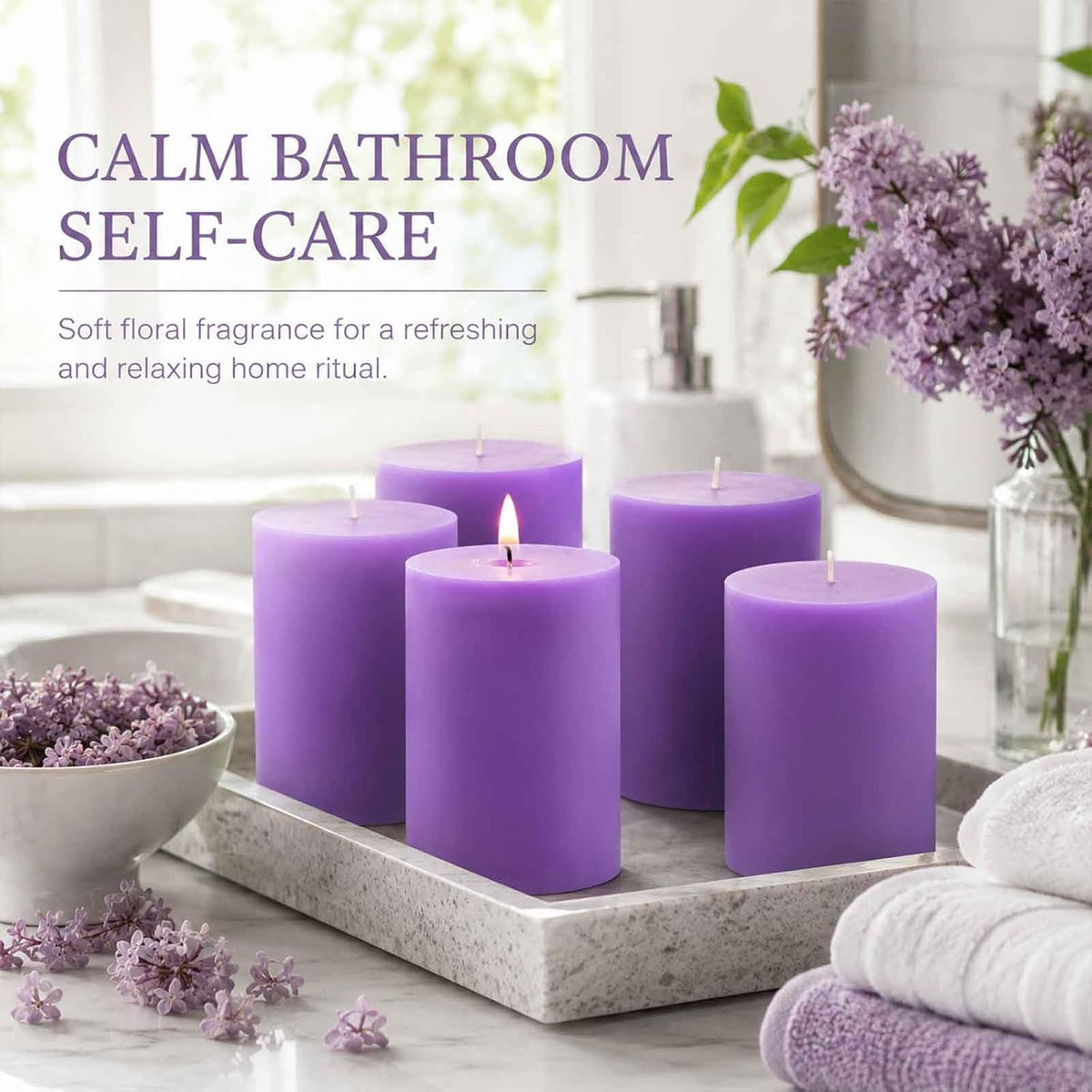 Lilac Scented Pillar Candles, Natural Soy Wax, Non-Toxic, 2.8x4Inch, 4 Pack
