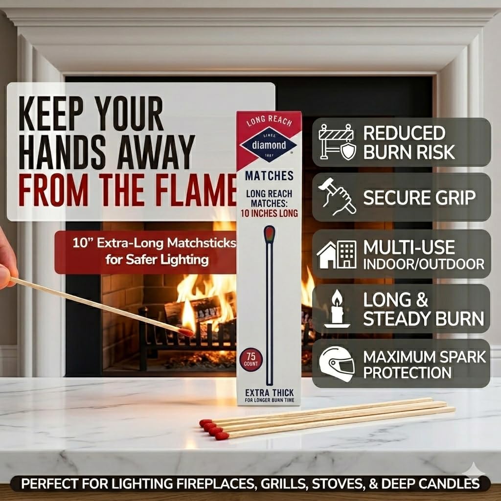 Diamond Long Reach Matches 75 Count (2 Pack Total 150 Matches) Strike on Box Wooden Matches for Fireplace, Grill, Candles & Camping – Long Burn Time Safety Matches
