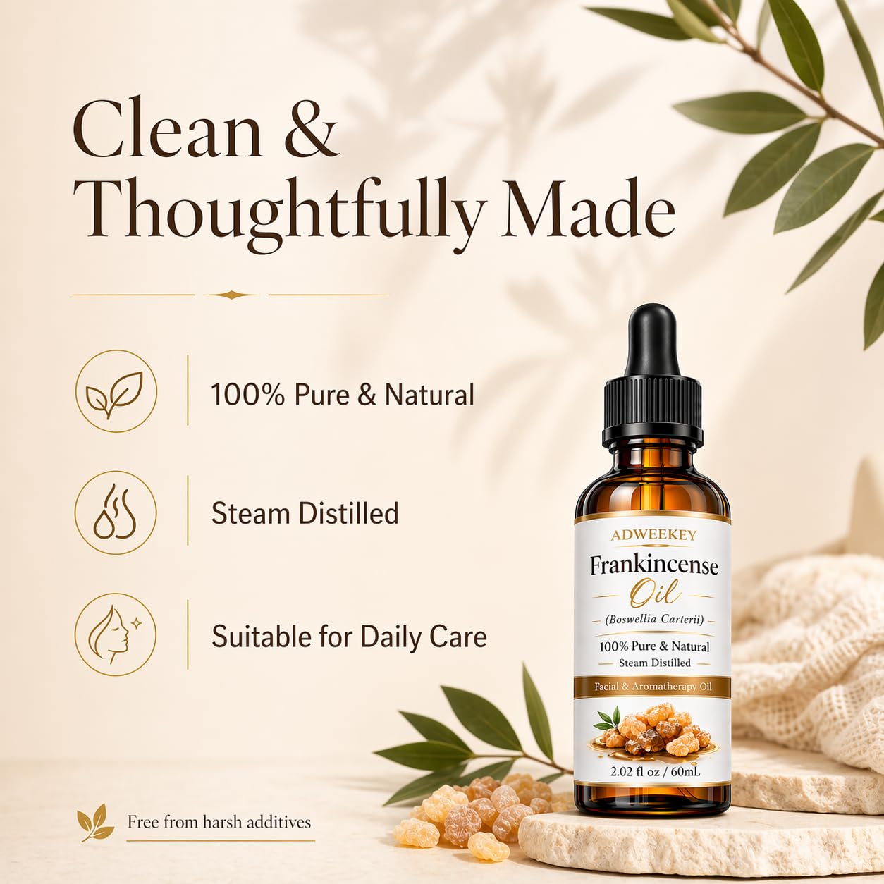 Frankincense Resin Oil for Face & Skin, 100% Pure & Natural, Steam Distilled Boswellia Carterii, Hydrating Face Oil for Women, Aromatherapy & Daily Skincare, 2.02 fl oz