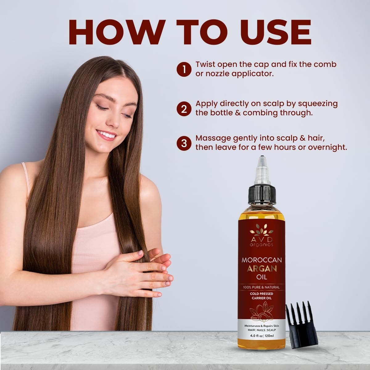 AVD Organics Argan Oil for Hair 120ml – 100% Pure & Natural Moroccan Argan Oil for Adult Hydration, Nourishing, Strengthening, Curly, Frizzy, Dry, Damaged Hair,Face, Skin, Scalp & Nails – (4.05 fl oz)