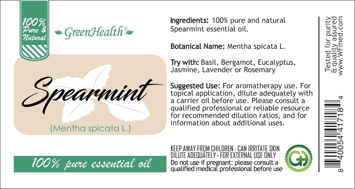 Spearmint Essential Oil – 8 fl oz (237 ml) Aluminum Bottle w/Plug Cap – 100% Pure Essential Oil – GreenHealth