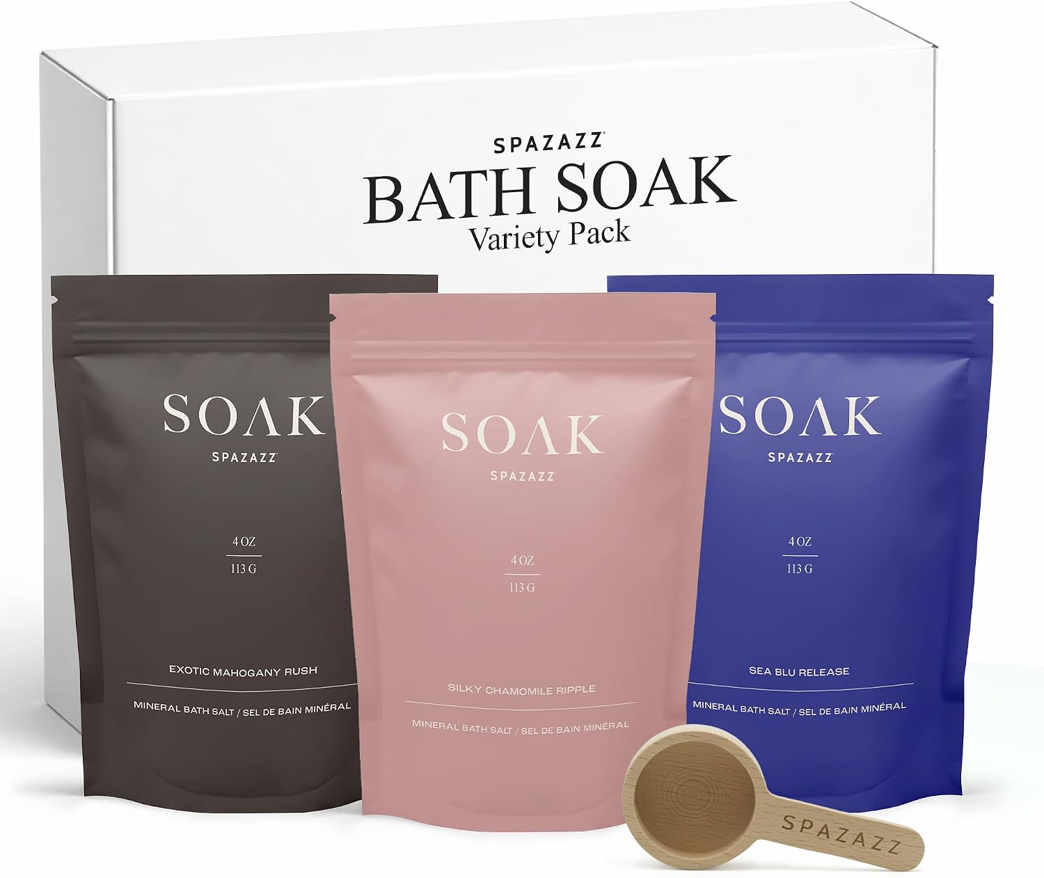 Spazazz Dead Sea Bath Salts with Magnesium & Arnica – Aromatherapy Mineral Bath Soak for Relaxation – 4oz Exotic Mahogany Rush, Silky Chamomile Ripple & Sea Blu Release with Bath Salt Scoop