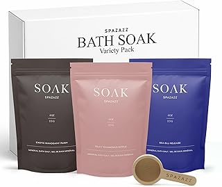 Spazazz Dead Sea Bath Salts with Magnesium & Arnica – Aromatherapy Mineral Bath Soak for Relaxation – 4oz Exotic Mahogany Rush, Silky Chamomile Ripple & Sea Blu Release with Bath Salt Scoop