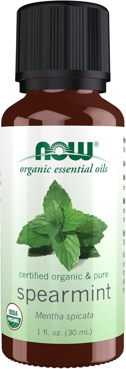 NOW Essential Oils, Organic Spearmint Oil, Stimulating Aromatherapy Scent, Steam Distilled, 100% Pure, Vegan, Child Resistant Cap, 1-Ounce