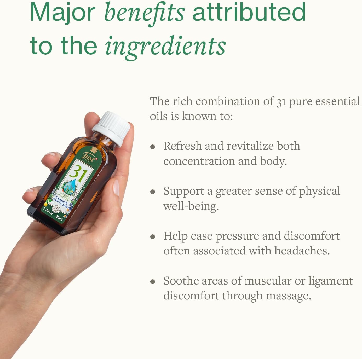 Swiss Just - Oil 31-20ml Bottle - Essential Oil Blend - Ideal for Massage, Bath, and Aromatherapy