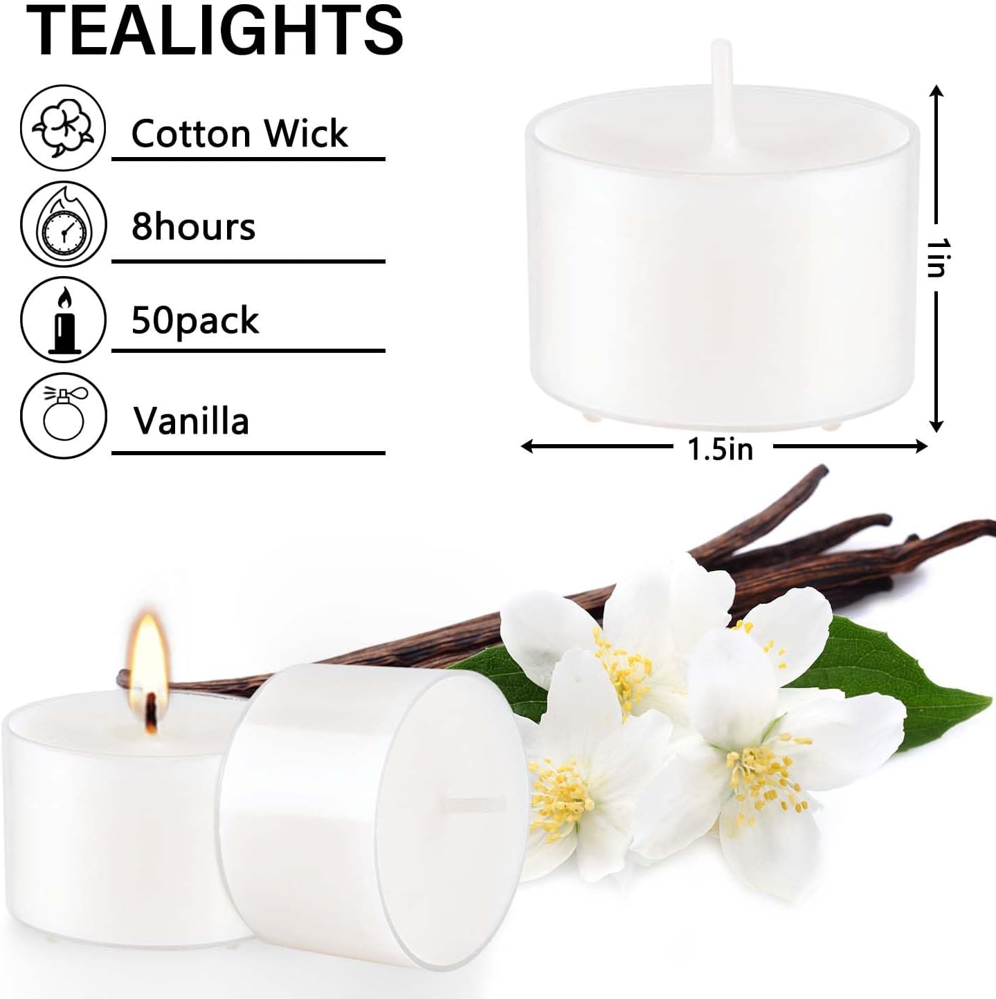 Set of 50 White Scented Tealight Candles Bulk, Vanilla Fragrance Wax with Clear Container, for Restaurant Dinner Weddings Baby Showers, Long Burning, 8 Hours