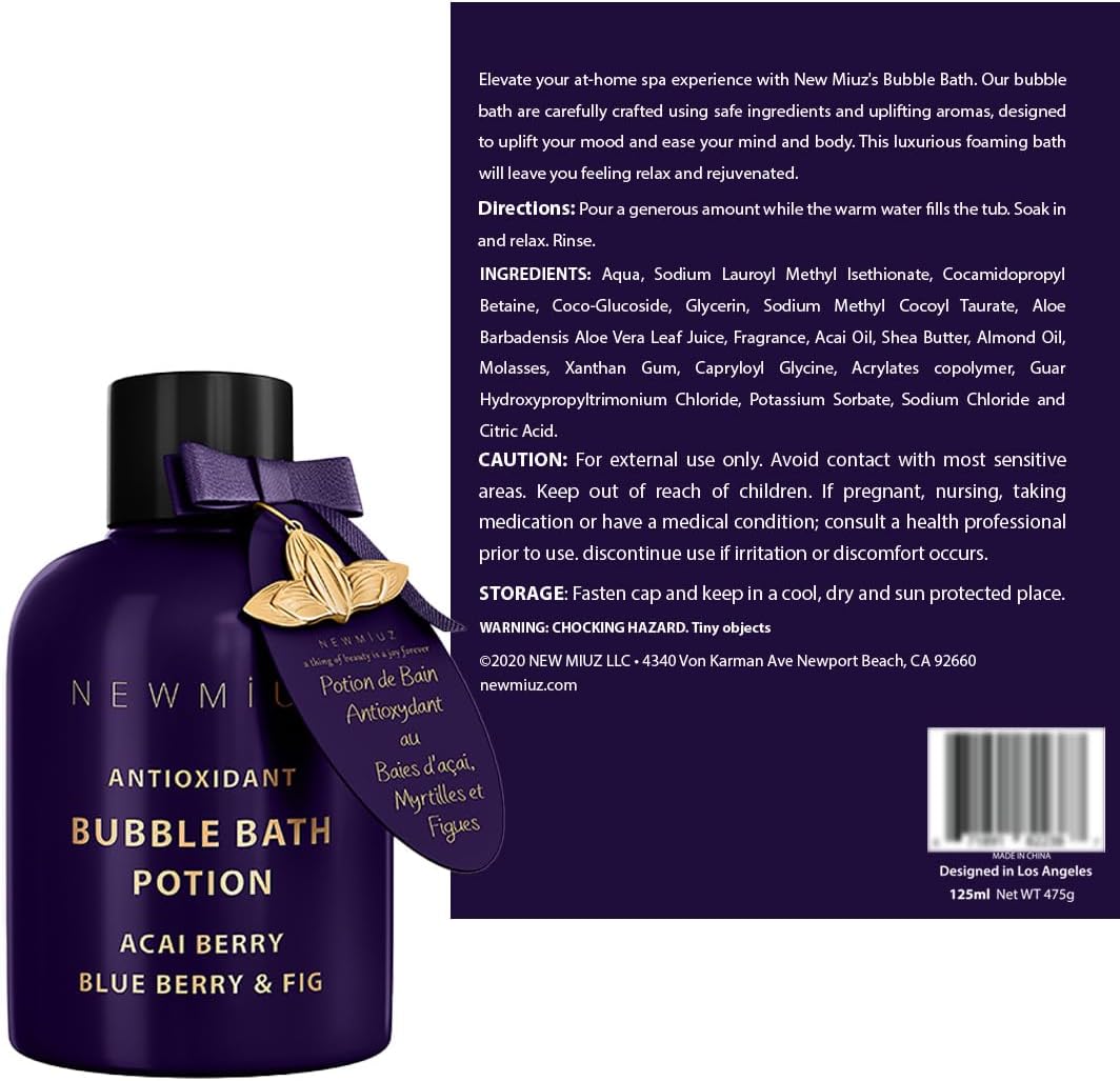 Antioxidant Bubble Bath Long Lasting Foam with Acai Berry Blueberry Fig Essential Oils Detox Hydrating Relaxing Stress Relief Self Care Spa Gift
