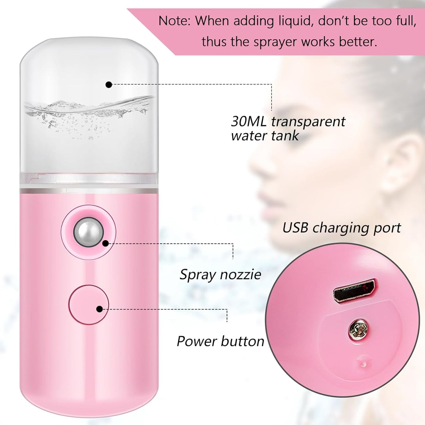 Mudder 4 Pcs Nano Facial Mister Handy Nano Mist Sprayer 30ml Visual Water Tank Portable Face Steamer Mini USB Mister for Lash Extensions, Skin Care, Makeup(White, Black, Blue, Pink)