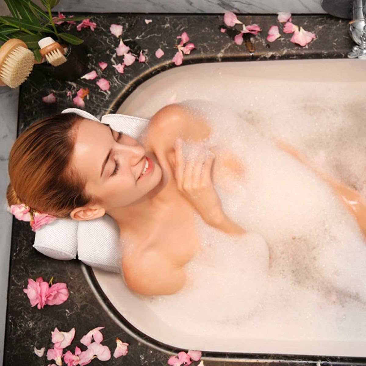 Spa Bath Pillow with 6 Suction Cups, 3D Mesh Cloth Tub Head Support and Bathtub Neck Cushion for Adults, Ergonomic Non-Slip Bathtub Pillow for Relaxing Soaking and Shower Use