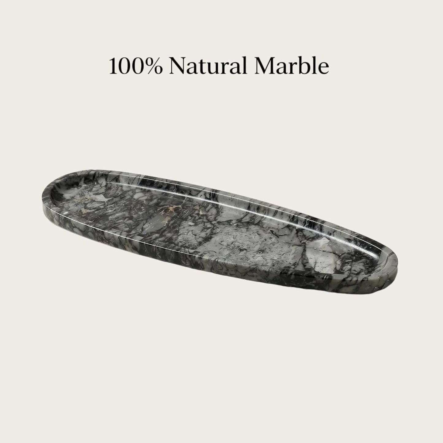 Natural Marble Vanity Tray, 16.6"x4.6" Grey Real Stone Decorative Tray for Bathroom Countertop & Home Decor, Catchall Organizer for Jewelry, Candles, Cosmetics & Perfume（Grey）