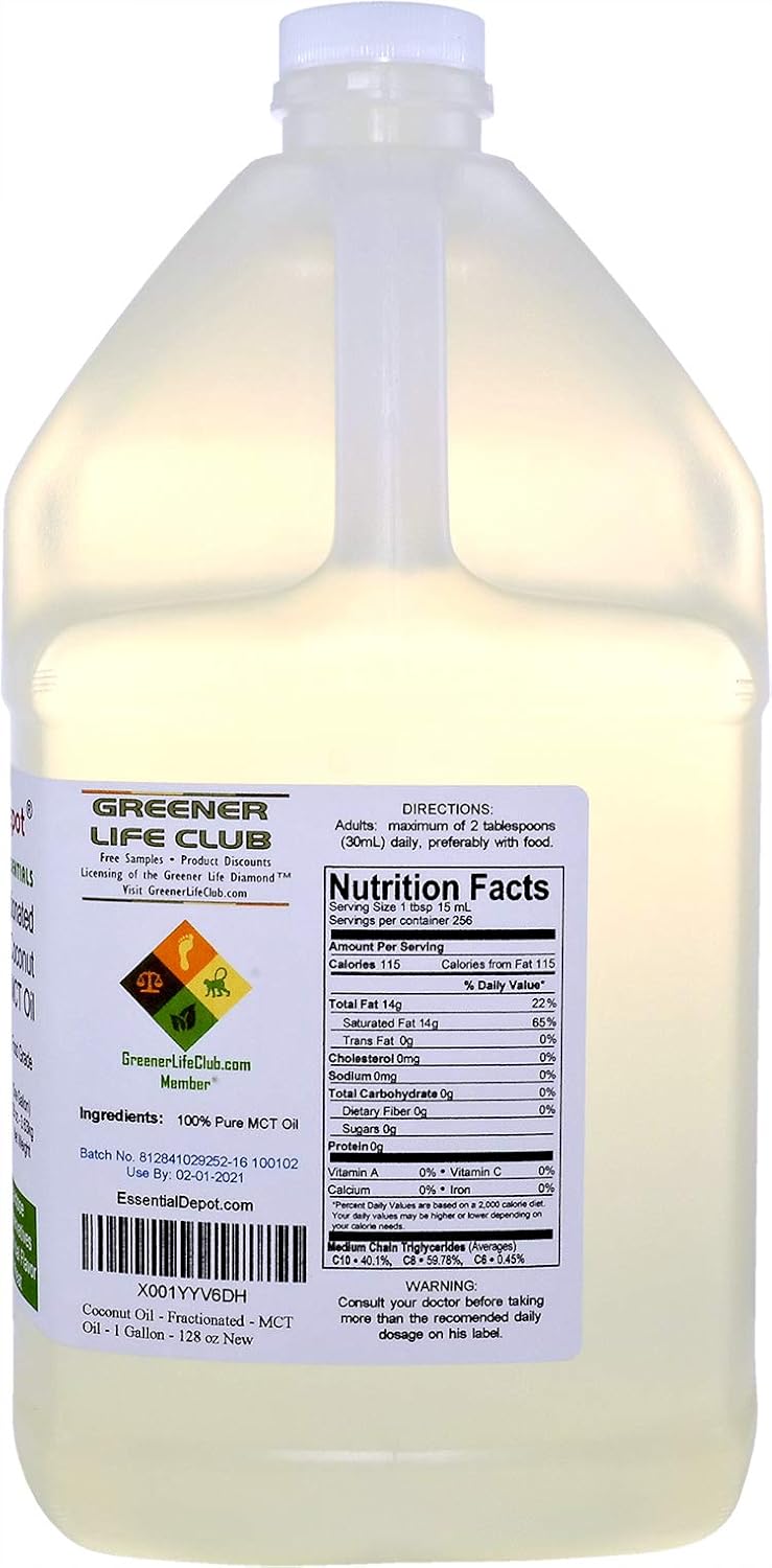 Coconut Oil - Fractionated - MCT (medium-chain triglycerides) - 1 Gallon (128 oz) - liquid - Food Grade - Safety Sealed Resealable HDPE Container, Microwave Safe (remove foil seal), Freezer Safe