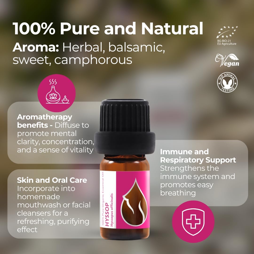 Organic Hyssop Essential Oil 1/6 Fl Oz (5ml) Hyssopus officinalis - 100% Pure and Natural Undiluted Therapeutic Grade Aromatherapy for Diffuser and Muscle Relaxation Massages