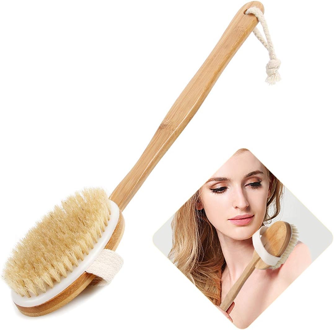 Bath Body Brush & Shower,Dry Skin Brushing with 100% Natural Boar Bristles & 16 inches Long Bamboo Detachable Handle,Back Scrubber for Exfoliates & Stimulates Blood Circulation-by Qlben