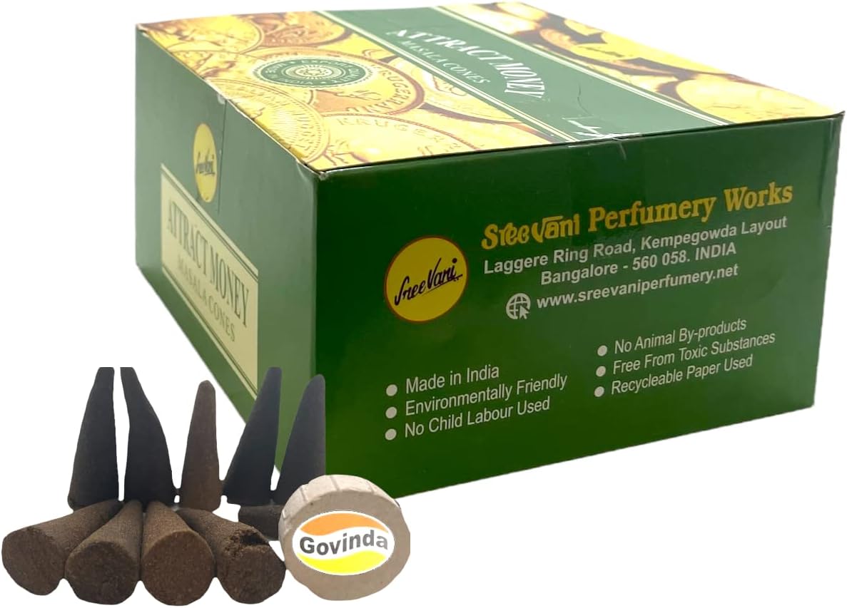 Sreevani Natural Masala Incense Cones and Holder Bundle, 120 Cones Total, Attract Money