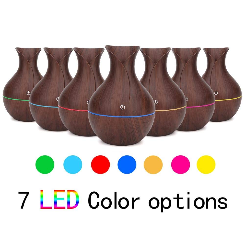 Essential Oil Diffuser, 130ml USB LED Ultrasonic Diffuser Essential Oil Diffuser Humidifier with 7 colors Portable Cool Mist Humidifier for Home Office.(Dark Wooden Grain)