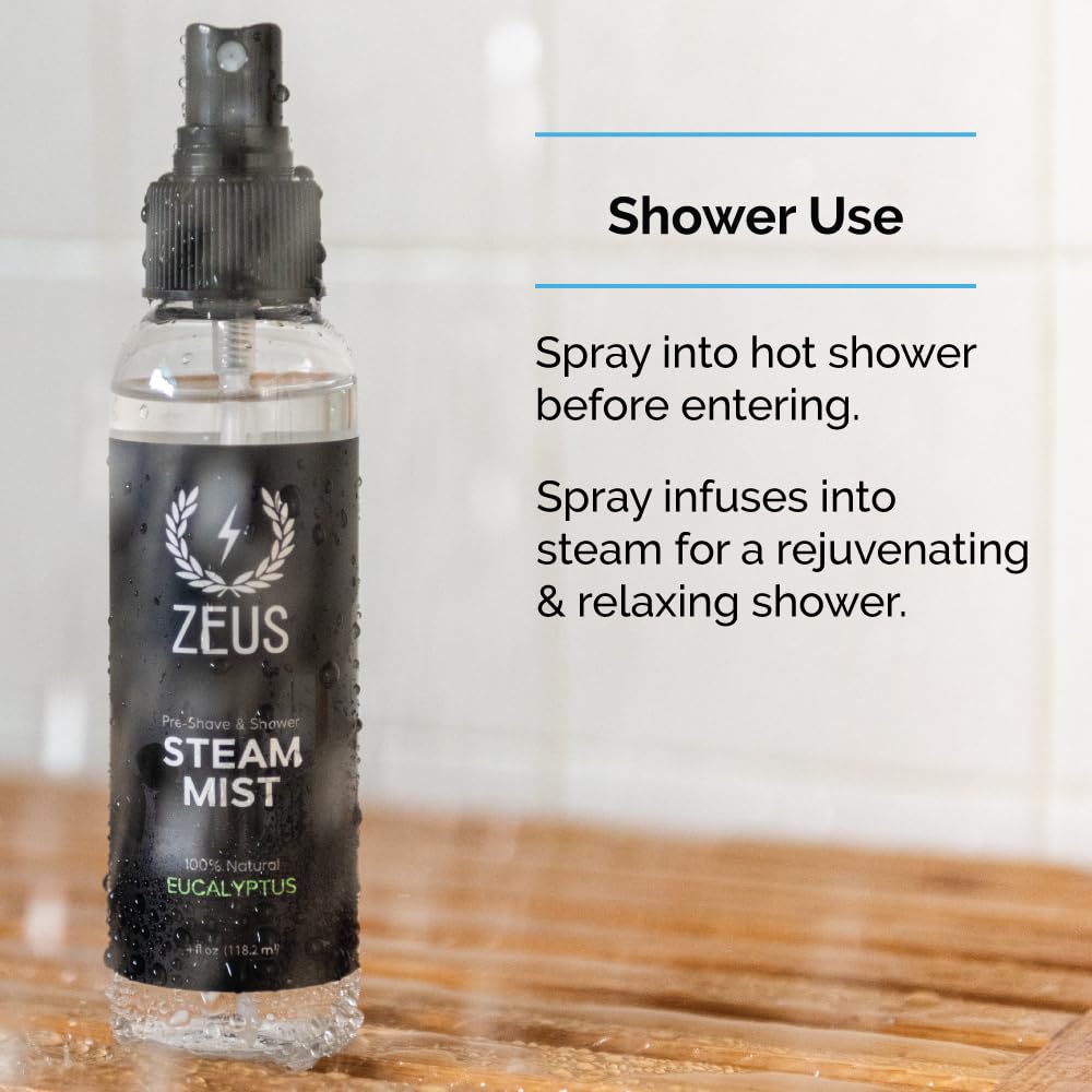 ZEUS Eucalyptus Steam Mist, Natural Aromatherapy Shower Spray (4 oz) | Created to Ease Congestion, Boost Clarity, Prep Skin for Grooming & Elevate Bath with Pure Eucalyptus Oil (Made in USA)