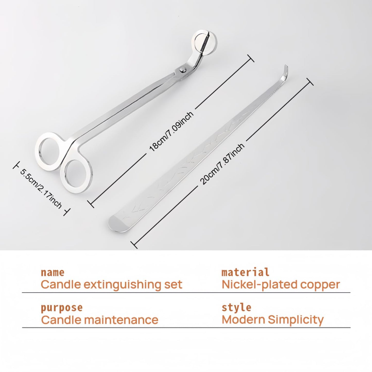 Candle Extinguishing Set, Nickel-Plated Copper, Modern Simplicity Style, Wick Cutter and Snuffer Hook, 7.09 and 7.87 Inch