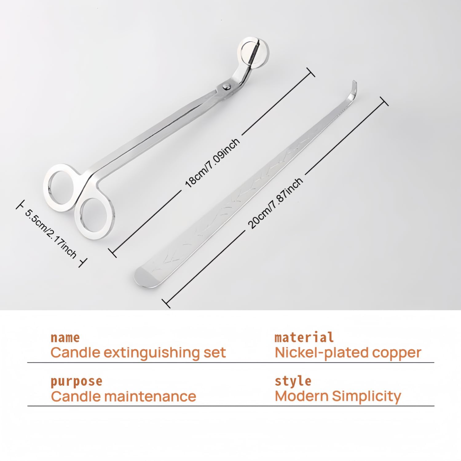 Candle Extinguishing Set, Nickel-Plated Copper, Modern Simplicity Style, Wick Cutter and Snuffer Hook, 7.09 and 7.87 Inch
