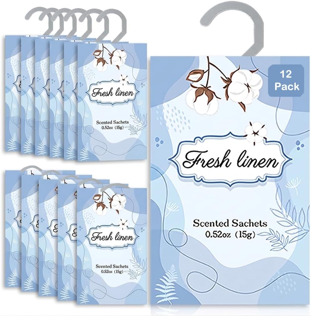 12 Packs Fresh Linen Hanging Scented Sachets for Drawers and Closets with Retractable Hook| Long-Lasting Closet Air Freshener & Closet Deodorizer | Closet Scent Freshener (Fresh Linen)