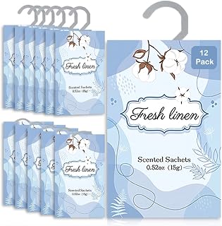 12 Packs Fresh Linen Hanging Scented Sachets for Drawers and Closets with Retractable Hook| Long-Lasting Closet Air Freshener & Closet Deodorizer | Closet Scent Freshener (Fresh Linen)
