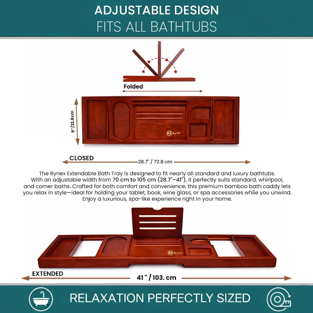 Bathtub Tray & Bath Tray for Tub – Expandable Bamboo Bath tub Tray, Bathtub Caddy, Adjustable Foldable Waterproof Bath Trays for tub with Phone, Wine Glass, Book & Tab Holder (Free Soap Dish)