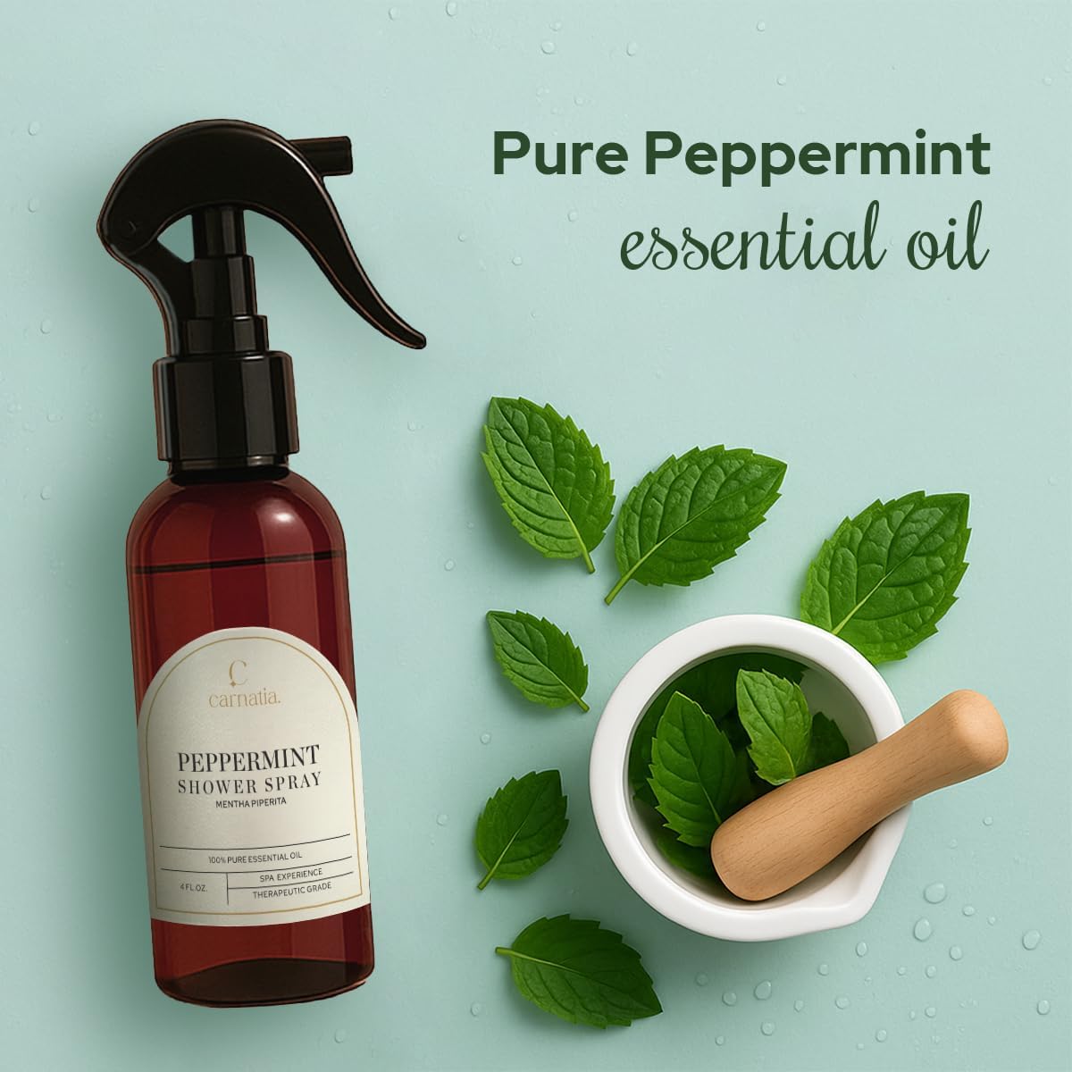 Carnatia Peppermint Shower Spray – Aromatherapy Essential Oil Mist for Showers | Spa-Like Refreshing Steam Experience | 4 fl oz Trigger Pump Spray for Focus & Energy