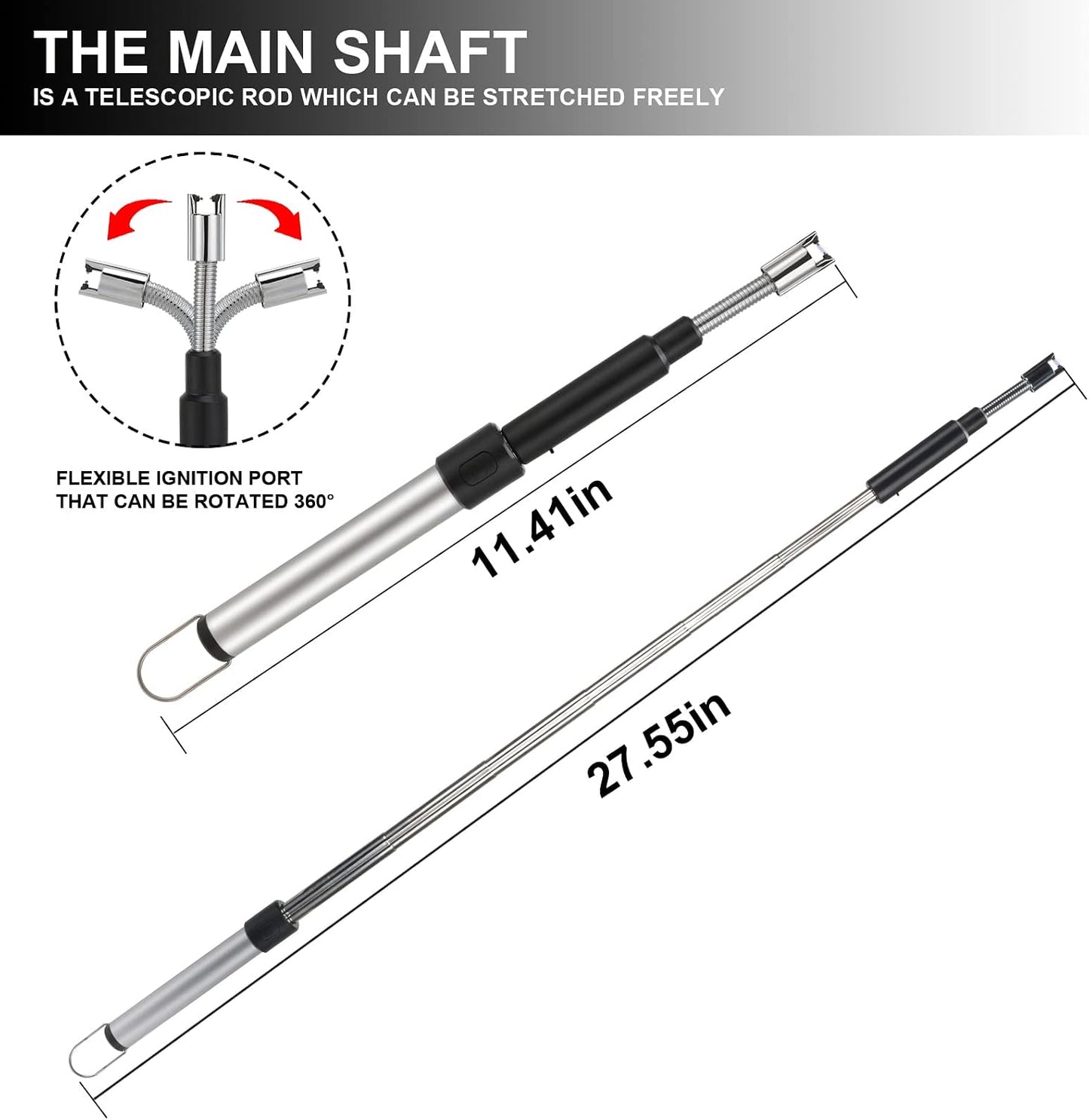 Electric Long Lighter, Retractable Length (11.4in-27.55in), Lgnition Port Can be Rotated 360°, Rechargeable via USB, lighters Suitable for Lighting Candles, barbecues, fireplaces, fire pits, etc.