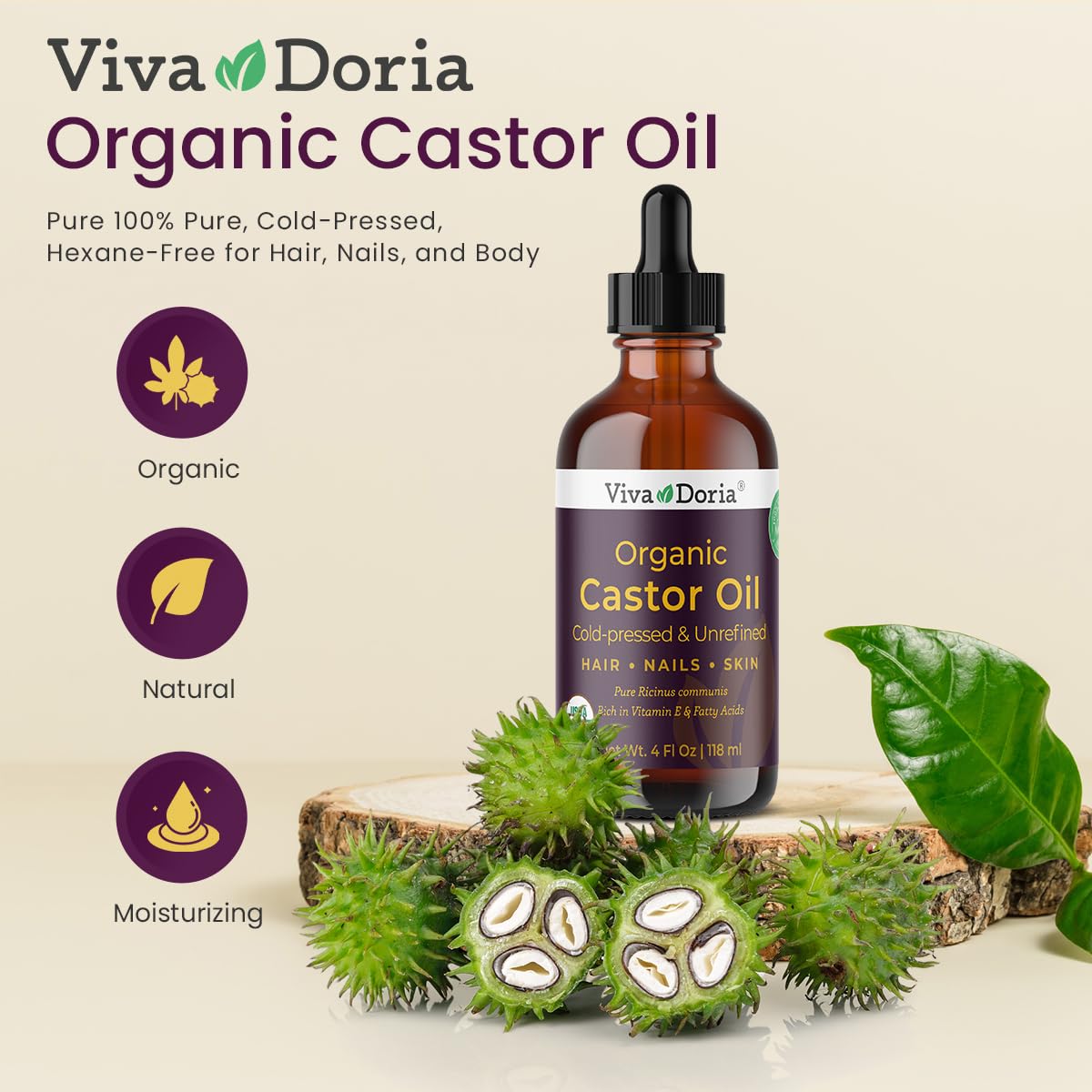 Viva Doria Organic Castor Oil, 4 Fl Oz | Virgin, Cold Pressed, Hexane-Free, Vegan | Nourishing Hair & Skin Care | Eyelash & Brow Serum | Glass Bottle with Dropper Top