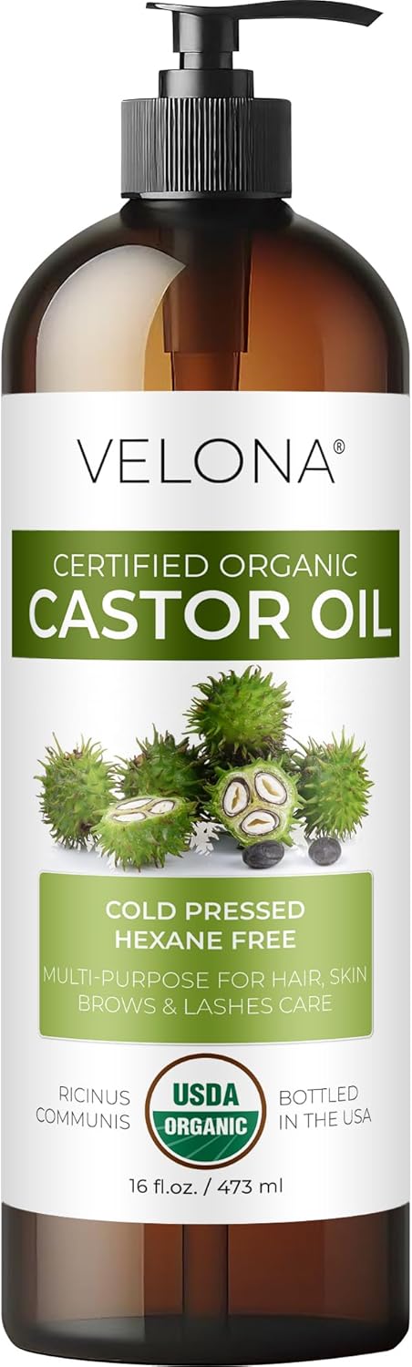 velona USDA Certified Organic Castor Oil - 16 fl oz (With Pump) | For Hair, Eyelashes, Eyebrows | Cold pressed, Natural Oil, USP Grade | Hexane Free, Lash Serum, Caster