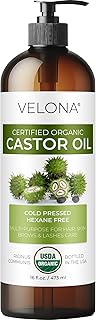 velona USDA Certified Organic Castor Oil - 16 fl oz (With Pump) | For Hair, Eyelashes, Eyebrows | Cold pressed, Natural Oil, USP Grade | Hexane Free, Lash Serum, Caster