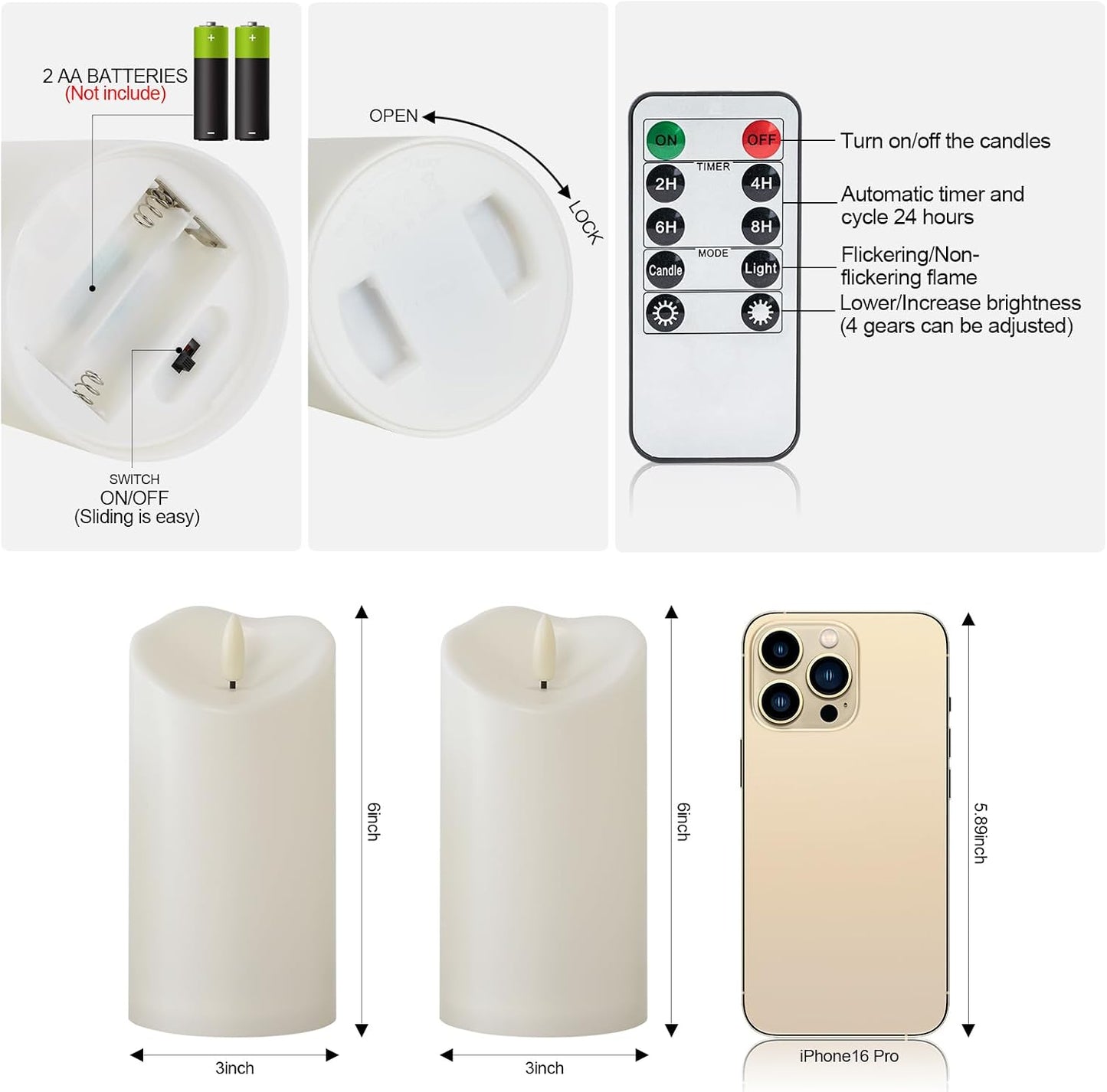 Raycare 6"x3" Outdoor Waterproof Flameless Candles with Remote and Timer, Battery Operated LED Electric Fake Pillar Candle for Christmas Home Wedding Decor, Ivory White, Set of 2