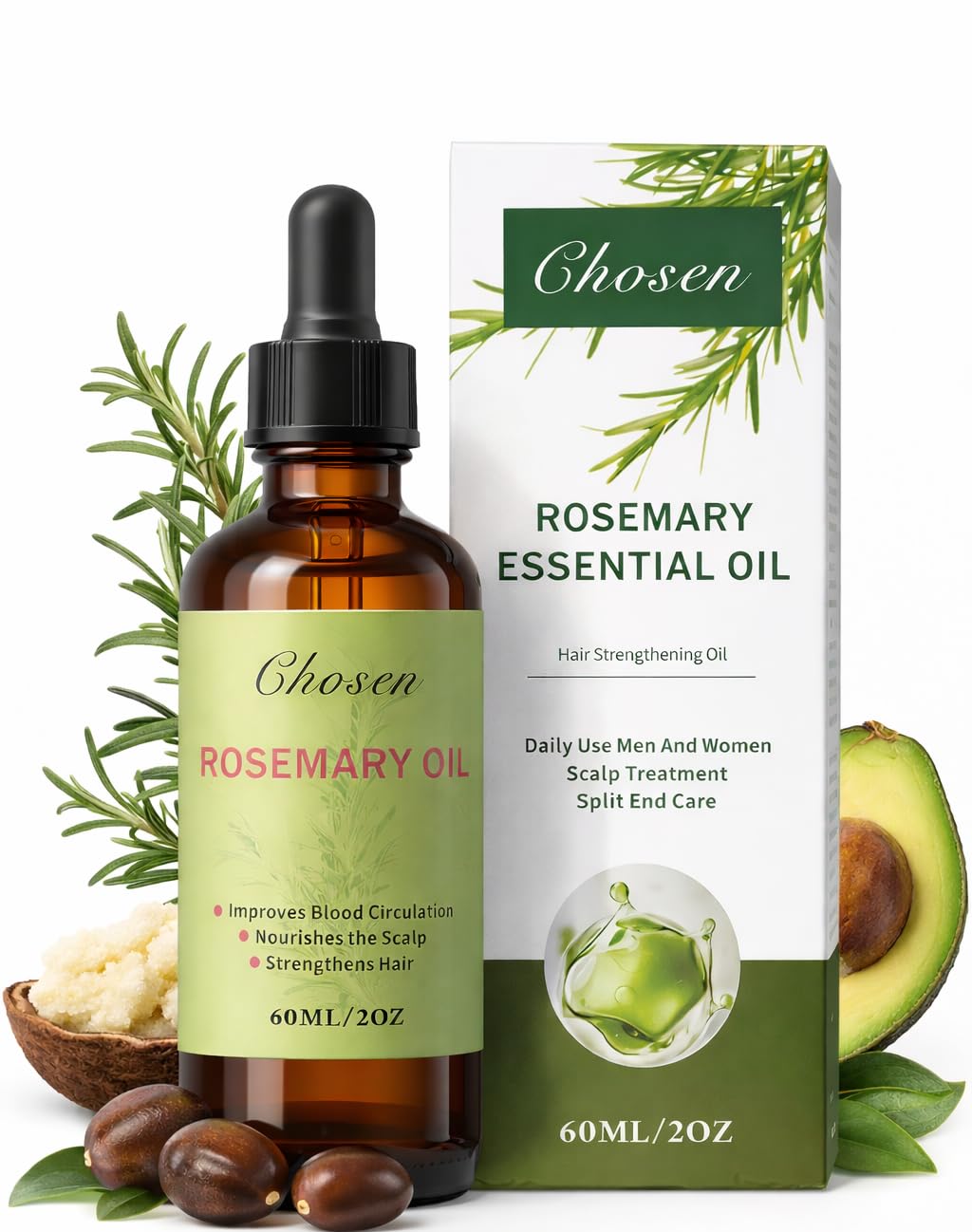 Chosen Hair Oil, Rosemary Essential oil & Mint Hair Oil, Split Ends & Dry Scalp Treatment - Made with Rice Bran &Essential Oils for strengthening, Moisturizing & Encouraging Healthier Hair