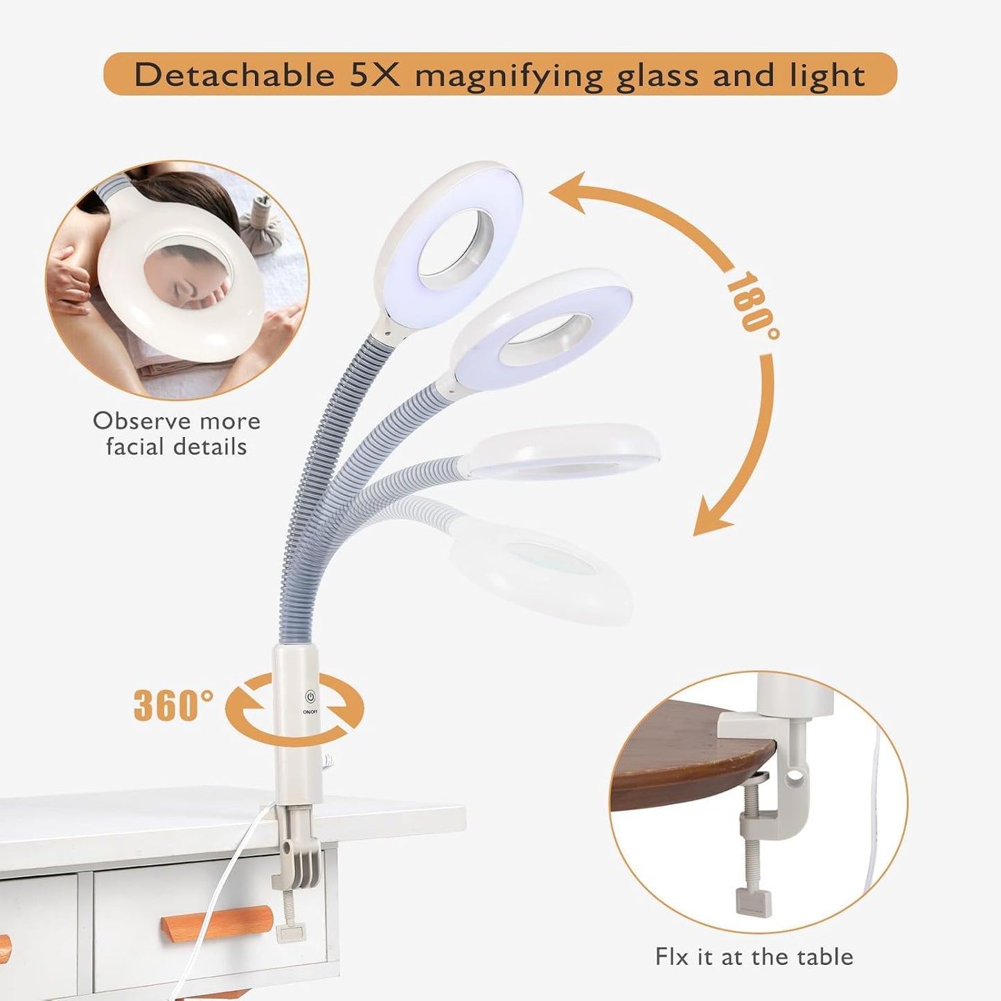 Fitnessclub 2 in1 Facial Steamer 5x LED Magnifying Lamp Hot Ozone Beauty Salon Face Equipment for Moisturizing, White