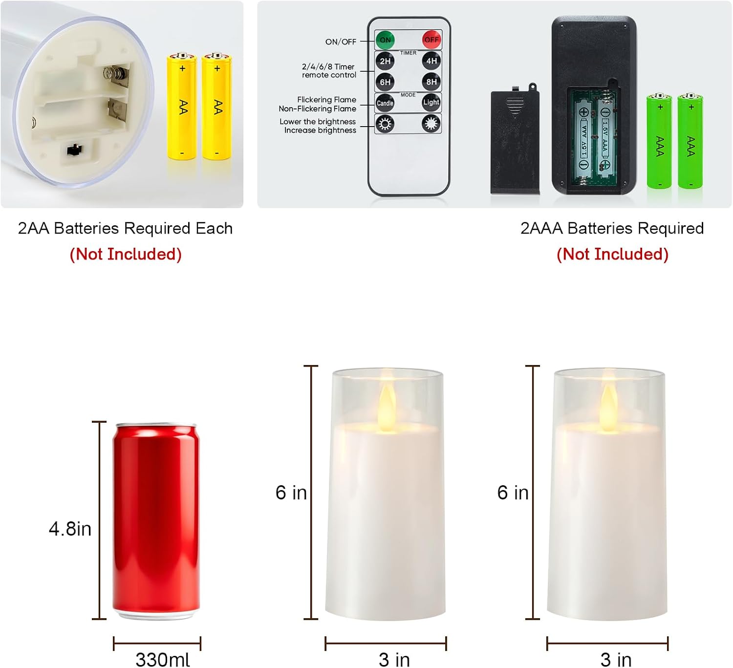 Raycare Flameless Electronic Pillar Candles with Remote Control and Timer- Battery Operated Realistic Flickering LED Fake Candle for Home, Wedding, Valentine's Day, Decor,White,Set of 2(3"x6"6")