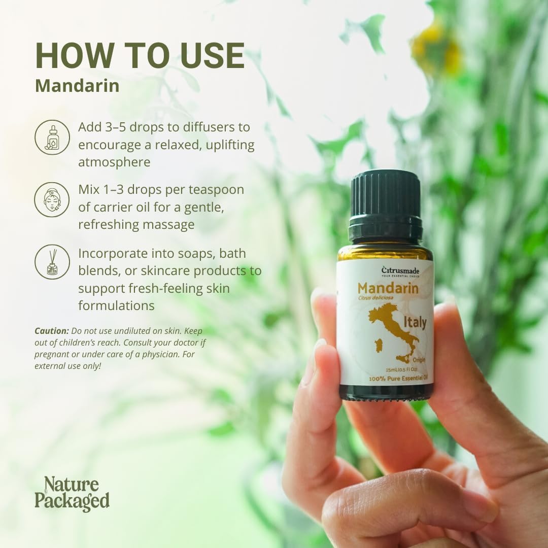 Pure Mandarin Essential Oils - Direct from Citrusmade Italy for Diffusers, Aromatherapy, Home Fragrance & Bath - Natural Aceite de Mandarina for Massage (15ml)