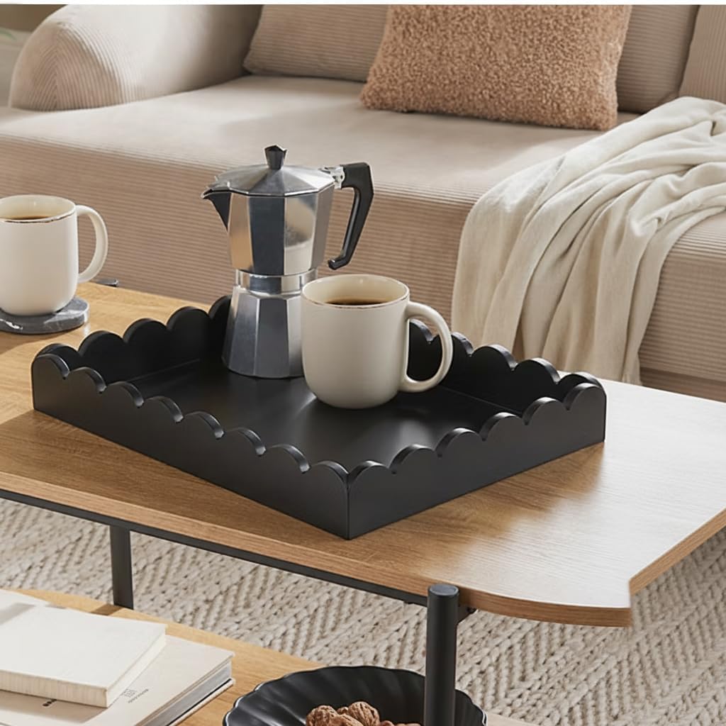 Hanobe Decorative Tray for Coffee Table: Serving Tray Decor with Scalloped Edge - Black Entryway Decor for Living Room Kitchen Counter