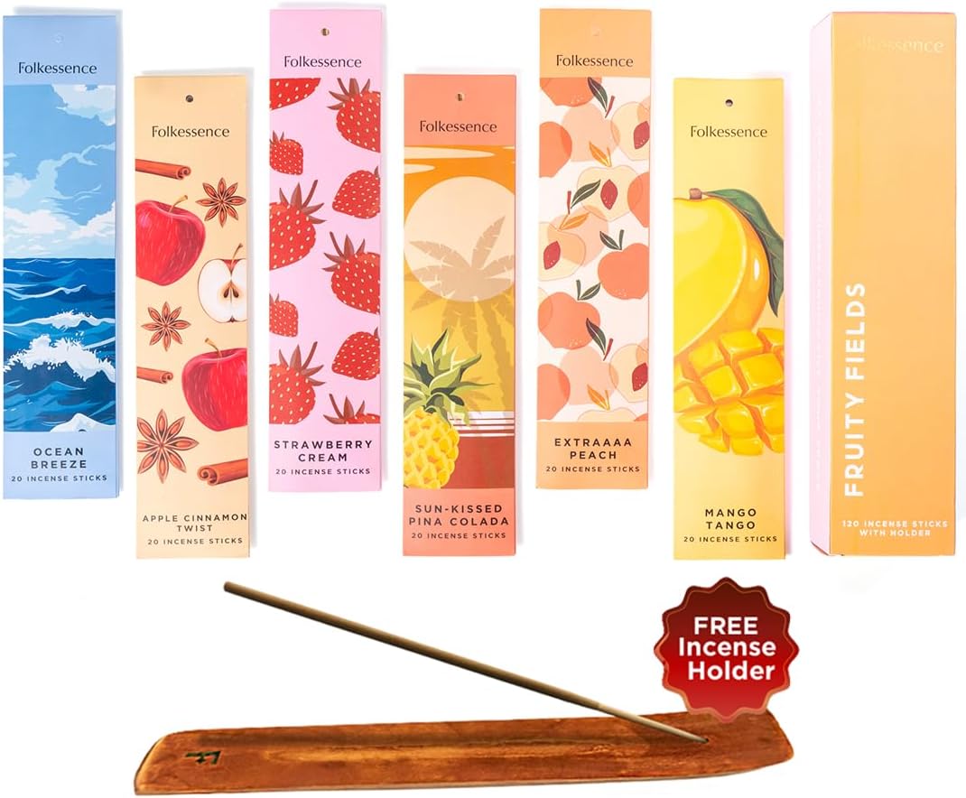 Folkulture Incense Sticks with Holder (120 Sticks) | Set of 6 Fruit Incense Sticks for Energy & Relaxation | No Charcoal, Non Toxic, Long Burning Ocean Breeze, Mango, Strawberry Insence-Sticks