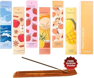 Folkulture Incense Sticks with Holder (120 Sticks) | Set of 6 Fruit Incense Sticks for Energy & Relaxation | No Charcoal, Non Toxic, Long Burning Ocean Breeze, Mango, Strawberry Insence-Sticks