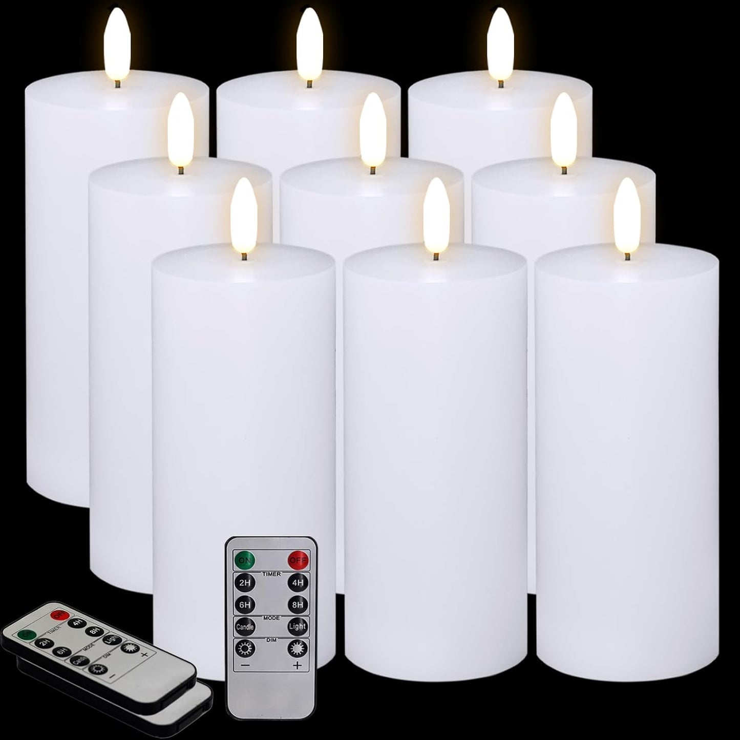 Oleitodh 9 Pcs White Flameless Candles Flat Top LED Candles with Remote Timer, Pillar Flameless Candle Bulk Flickering Battery Operated Candle for Wedding Festival Outdoor Home Decor D 3'' H 6''