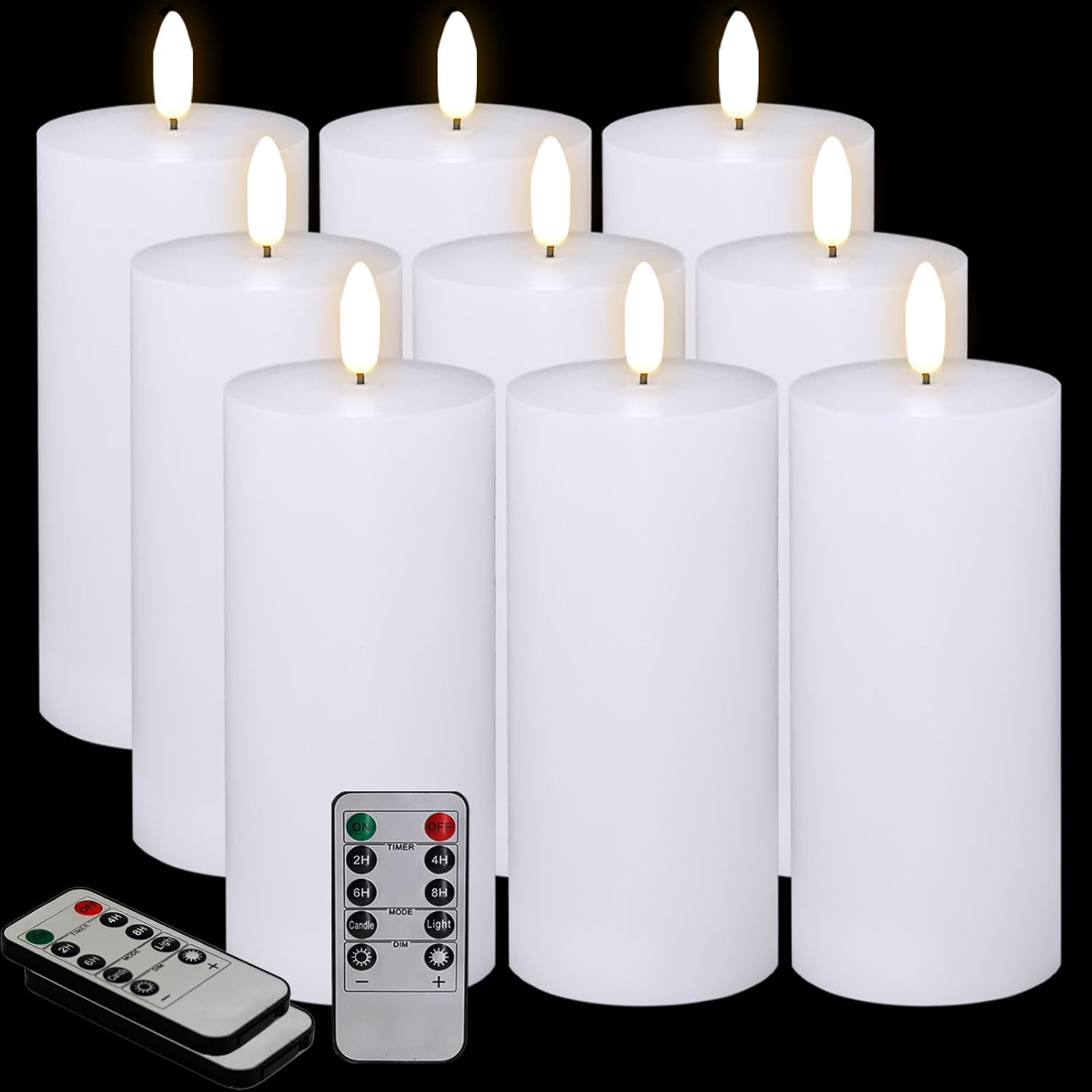 Oleitodh 9 Pcs White Flameless Candles Flat Top LED Candles with Remote Timer, Pillar Flameless Candle Bulk Flickering Battery Operated Candle for Wedding Festival Outdoor Home Decor D 3'' H 6''