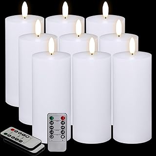 Oleitodh 9 Pcs White Flameless Candles Flat Top LED Candles with Remote Timer, Pillar Flameless Candle Bulk Flickering Battery Operated Candle for Wedding Festival Outdoor Home Decor D 3'' H 6''