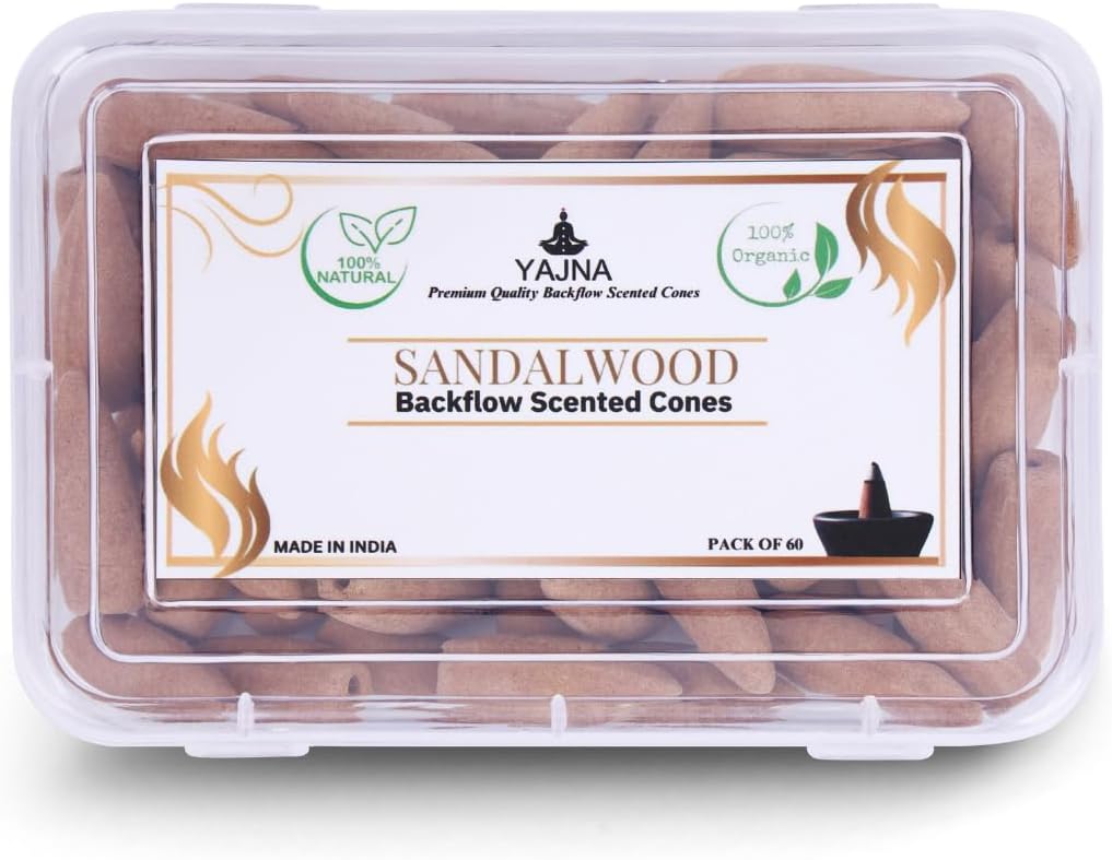 Yajna Sandalwood-100%-Natural-Incense-Backflow-Cones-for-Waterfall Handmade-Organic-Chemicals-Free for-Purification-Relaxation-Positivity-Meditation The-Best-scents-60-Count