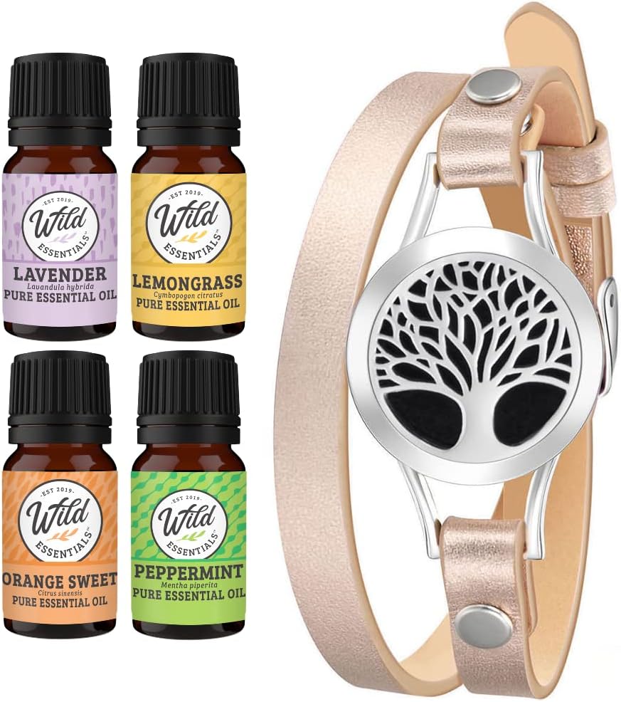 Wild Essentials Tree of Life Essential Oil Leather Wrap Bracelet Diffuser, Gift Set, Lavender, Lemongrass, Peppermint, Orange Oils, 12 Pads, Customizable Color Changing Perfume Jewelry, Aromatherapy