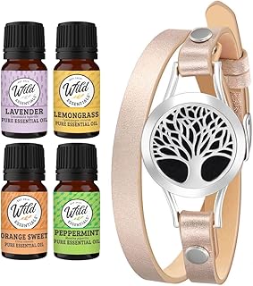 Wild Essentials Tree of Life Essential Oil Leather Wrap Bracelet Diffuser, Gift Set, Lavender, Lemongrass, Peppermint, Orange Oils, 12 Pads, Customizable Color Changing Perfume Jewelry, Aromatherapy