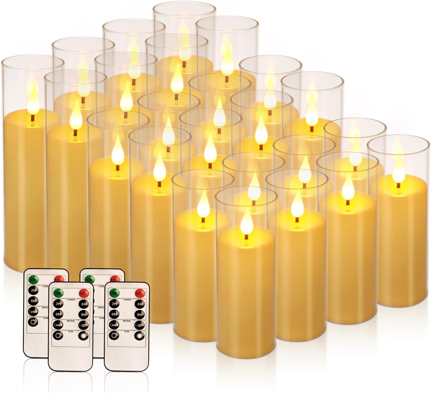 24-Pack LED Flameless Candles(14/16/18cm) with 4 Timers Remote - 3D Flickering Flame, Clear, Perfect Decor for Home & Events.