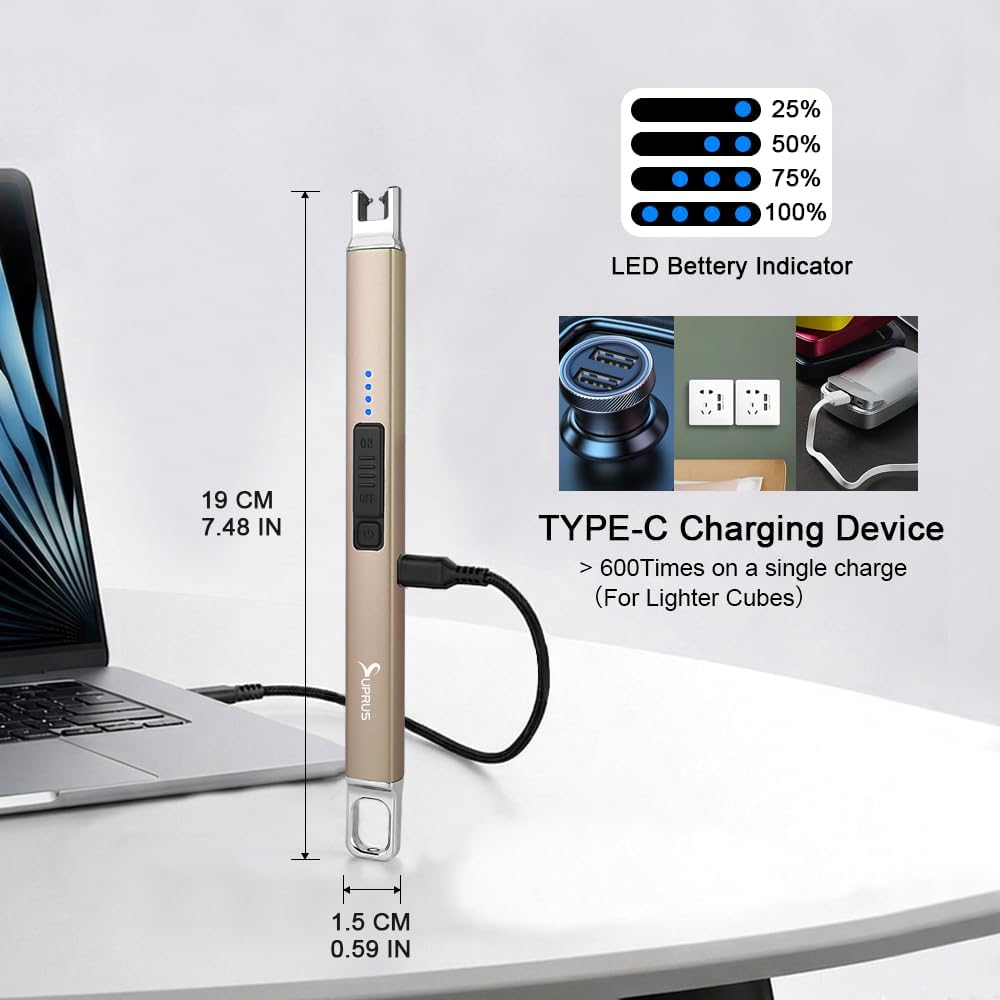 SUPRUS Electric Candle Lighter USB Type C Rechargeable Lighter Steel Shell & Hanging Hook with 360° Flexible Neck