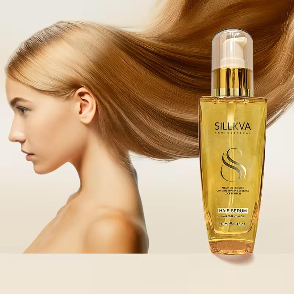SILLKVA PROFESSIONAL Argan Oil Hair Serum 2.4oz for All Hair Types with Vitamin Essence Smooths Frizz Moisturizes & Enhances Shine - Best Gift