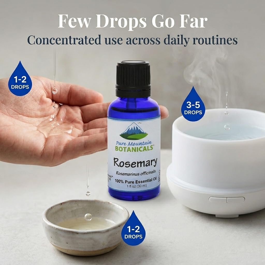Pure Mountain Botanicals Rosemary Essential Oil - Pure, Undiluted, Steam Distilled - Spanish Rosemary - Kosher Certified - 1 fl oz (30 ml)