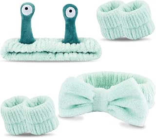 Atoden Spa Headband and Wristband Set Skincare Makeup Headband Bowknot Snail Headbands Wrist Bands for Washing Face Cute Animal Face Wash Head Band for Women Girls (Green)
