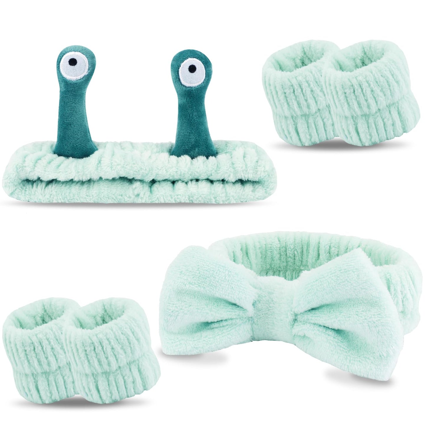 Atoden Spa Headband and Wristband Set Skincare Makeup Headband Bowknot Snail Headbands Wrist Bands for Washing Face Cute Animal Face Wash Head Band for Women Girls (Green)